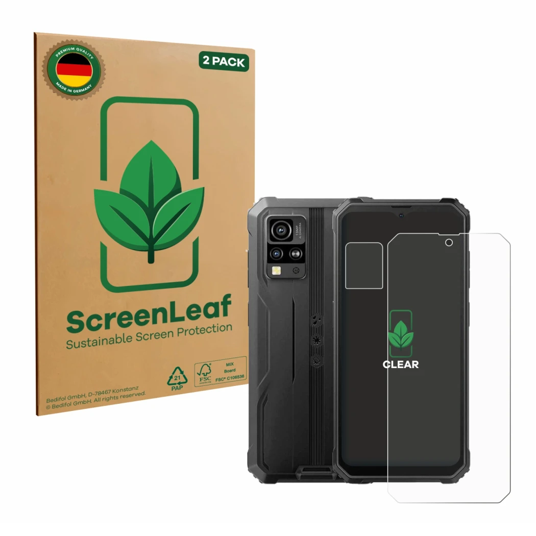 Vorderseite einer Produktverpackung mit dem Markenlogo ScreenLeaf. Daneben ist das Gerät Blackview BV4800 SE (Display+Kamera) 