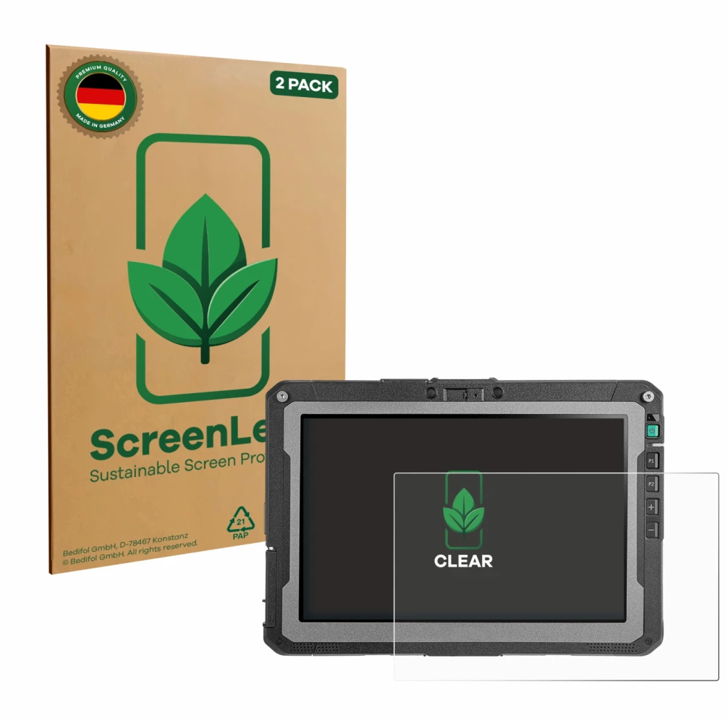 Vorderseite einer Produktverpackung mit dem Markenlogo ScreenLeaf. Daneben ist das Gerät Getac ZX10 G2 mit dem zugehörigen Dis