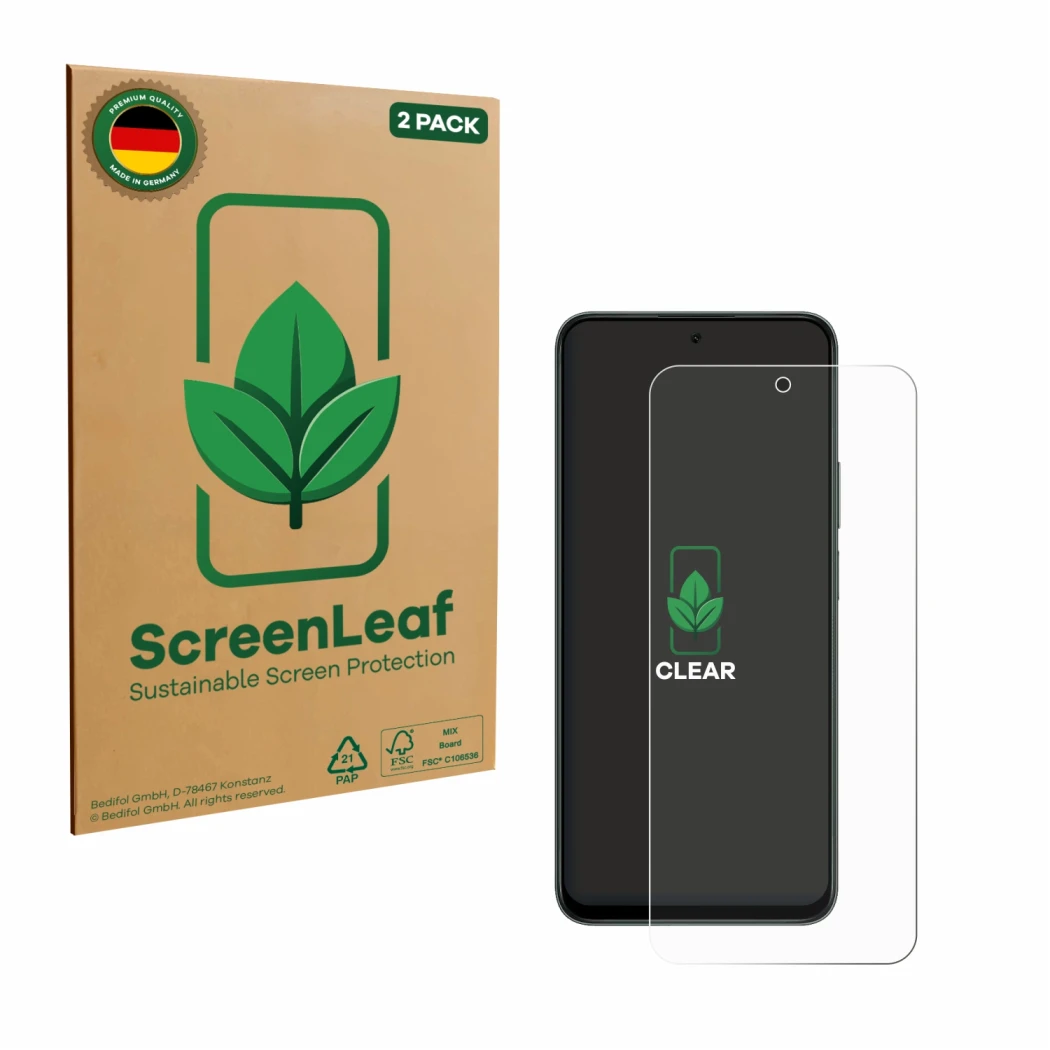 Vorderseite einer Produktverpackung mit dem Markenlogo ScreenLeaf. Daneben ist das Gerät Honor X7d 4G mit dem zugehörigen Disp