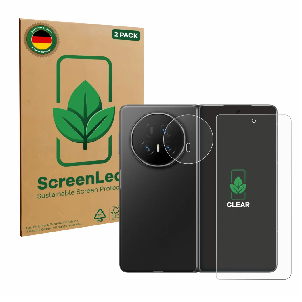 Vorderseite einer Produktverpackung mit dem Markenlogo ScreenLeaf. Daneben ist das Gerät Honor Magic V5 (Display+Kamera) mit d