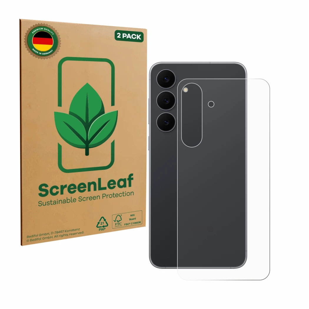 Vorderseite einer Produktverpackung mit dem Markenlogo ScreenLeaf. Daneben ist das Gerät Samsung Galaxy S25 FE (Rückseite) mit