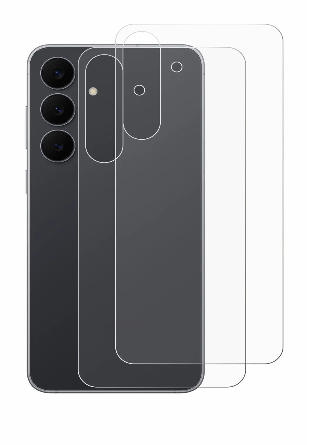 Abbildung des Geräts Samsung Galaxy S25 FE (Rückseite) mit einer Vielzahl des Displayschutzes.