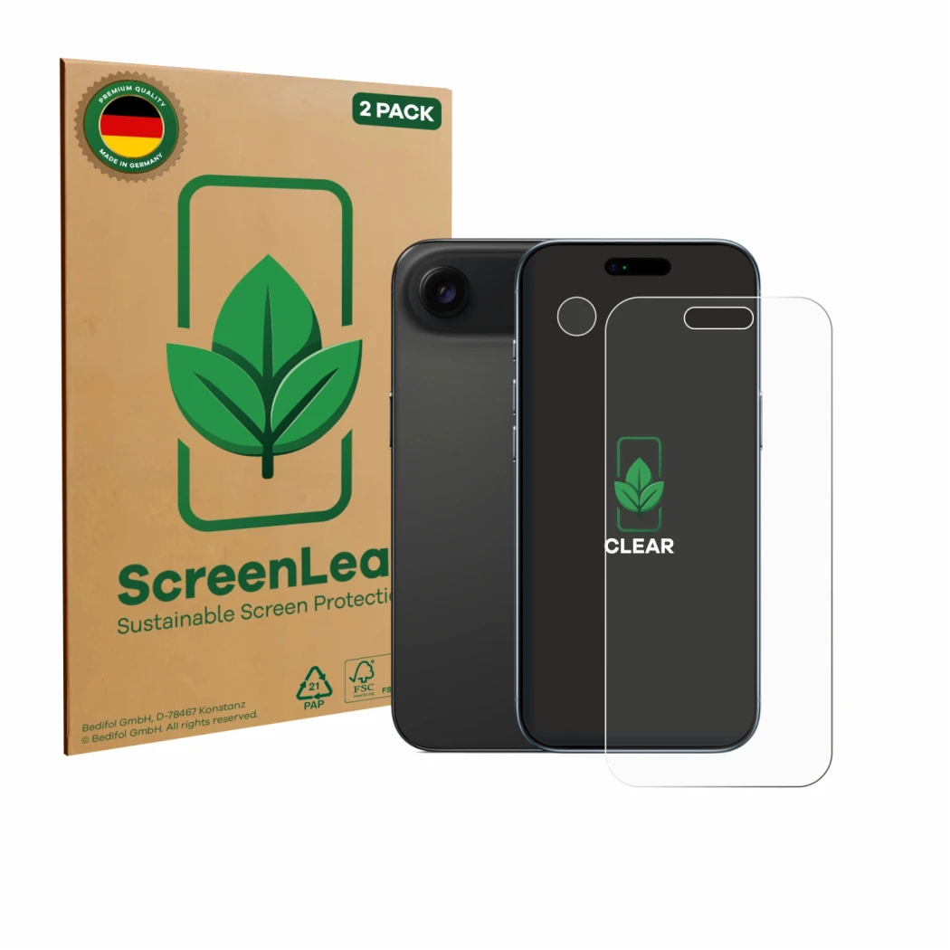 Vorderseite einer Produktverpackung mit dem Markenlogo ScreenLeaf. Daneben ist das Gerät Apple iPhone Air (Display+Kamera) mit