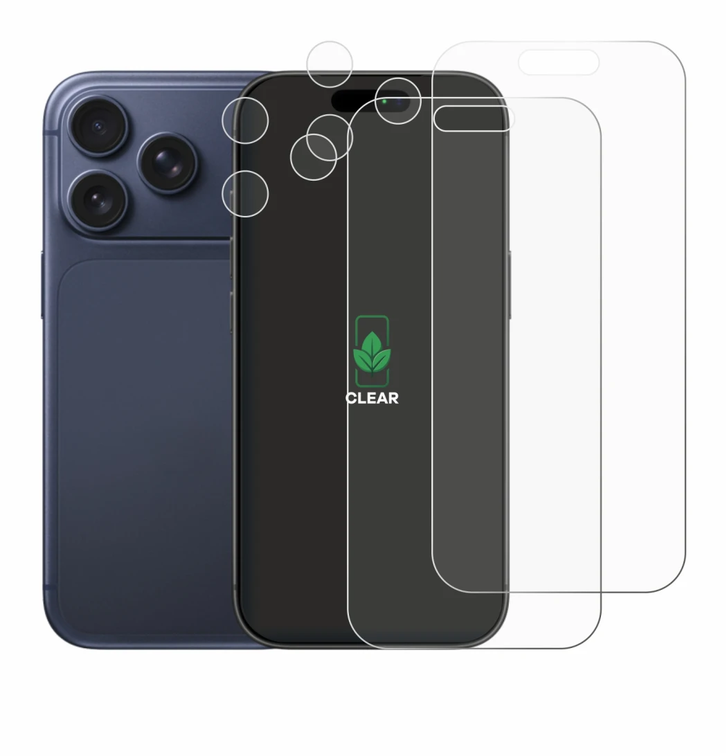 Abbildung des Geräts Apple iPhone 17 Pro (Display+Kamera) mit einer Vielzahl des Displayschutzes.