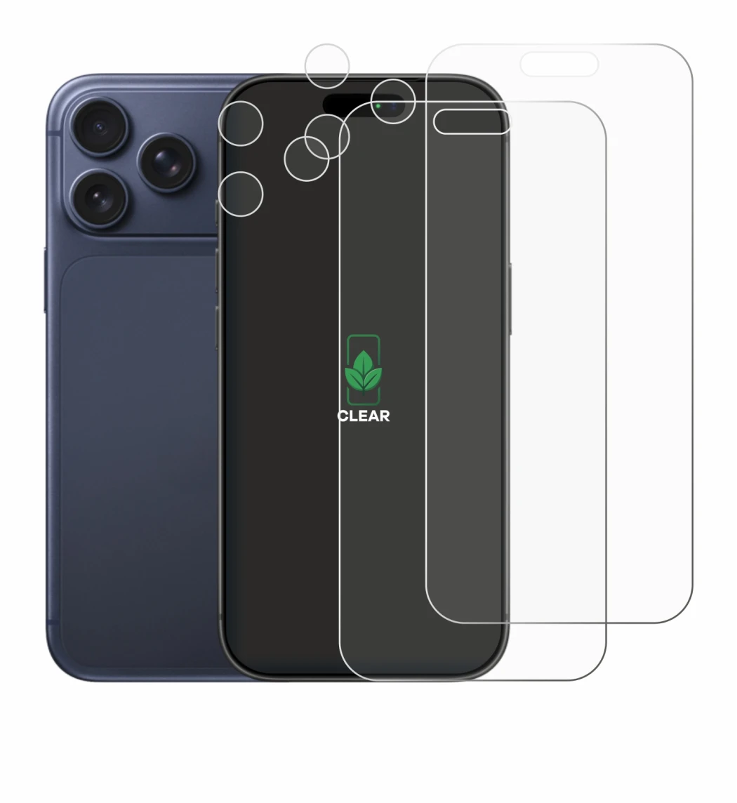 Abbildung des Geräts Apple iPhone 17 Pro Max (Display+Kamera) mit einer Vielzahl des Displayschutzes.