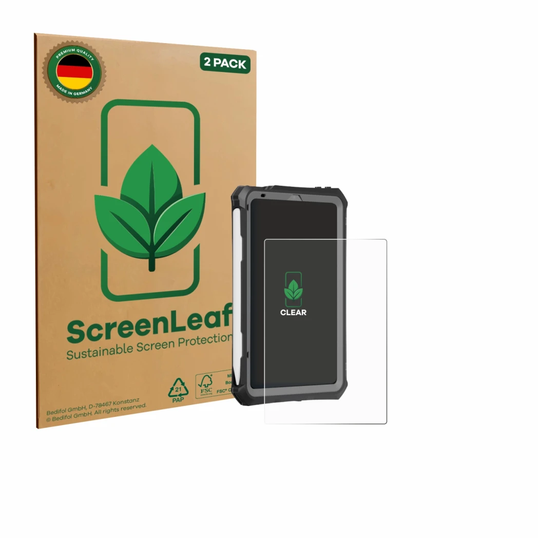 Vorderseite einer Produktverpackung mit dem Markenlogo ScreenLeaf. Daneben ist das Gerät Apple iPad Mini 7 2024 (case-friendly