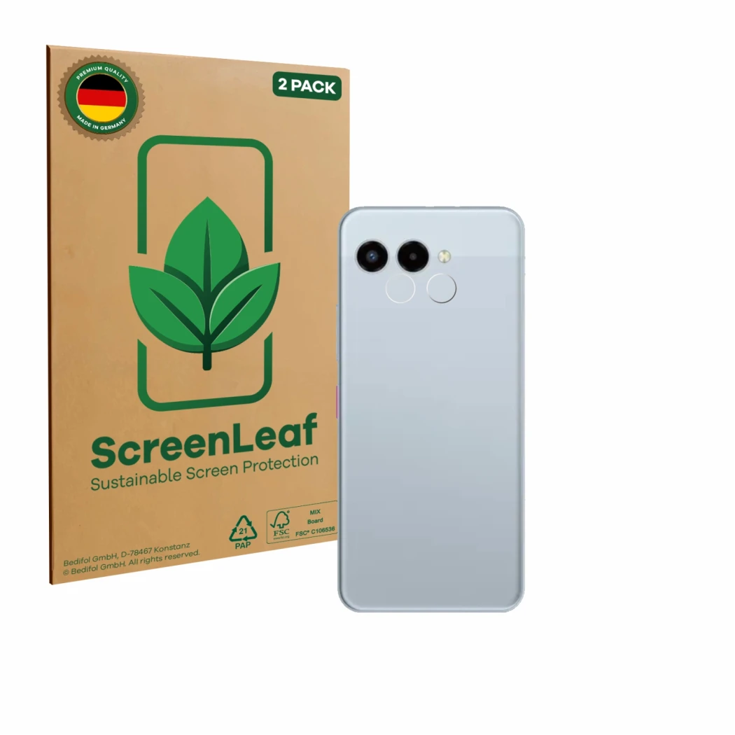 Vorderseite einer Produktverpackung mit dem Markenlogo ScreenLeaf. Daneben ist das Gerät Telekom T Phone 3 (NUR Kameraschutz) 