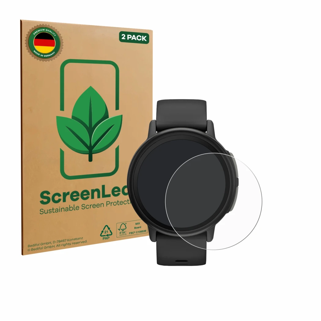Vorderseite einer Produktverpackung mit dem Markenlogo ScreenLeaf. Daneben ist das Gerät Garmin Bounce 2 mit dem zugehörigen D