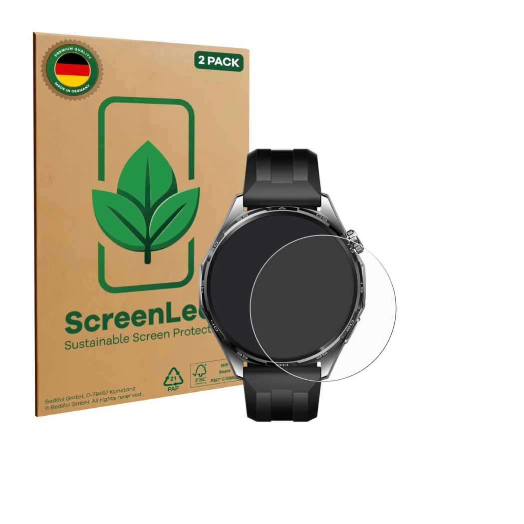 Vorderseite einer Produktverpackung mit dem Markenlogo ScreenLeaf. Daneben ist das Gerät Huawei Watch GT 6 (46 mm) mit dem zug
