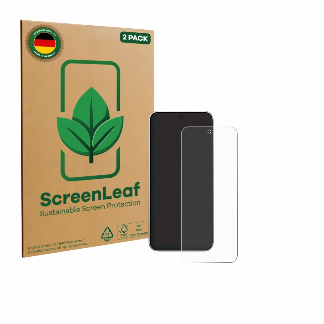 Vorderseite einer Produktverpackung mit dem Markenlogo ScreenLeaf. Daneben ist das Gerät Xiaomi 15T mit dem zugehörigen Displa