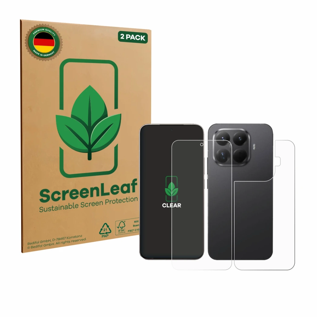 Vorderseite einer Produktverpackung mit dem Markenlogo ScreenLeaf. Daneben ist das Gerät Xiaomi 15T Pro (Display+Rückseite) mi