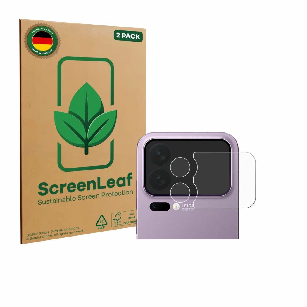 Vorderseite einer Produktverpackung mit dem Markenlogo ScreenLeaf. Daneben ist das Gerät Xiaomi 17 Pro Max (NUR Kameraschutz) 