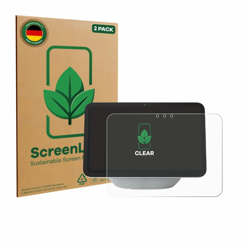 Vorderseite einer Produktverpackung mit dem Markenlogo ScreenLeaf. Daneben ist das Gerät Amazon Echo Show 8 2025 (4. Gen.) mit