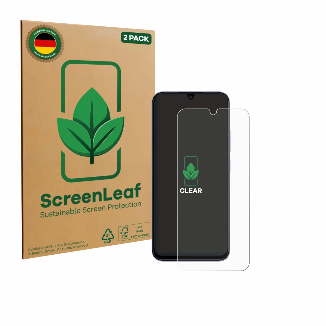 Vorderseite einer Produktverpackung mit dem Markenlogo ScreenLeaf. Daneben ist das Gerät Xiaomi Poco C85 mit dem zugehörigen D