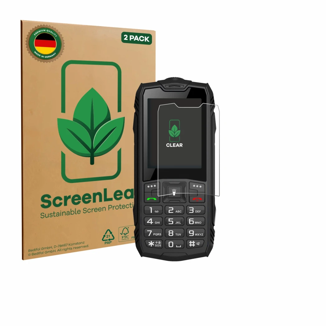 Vorderseite einer Produktverpackung mit dem Markenlogo ScreenLeaf. Daneben ist das Gerät Hammer Rock mit dem zugehörigen Displ