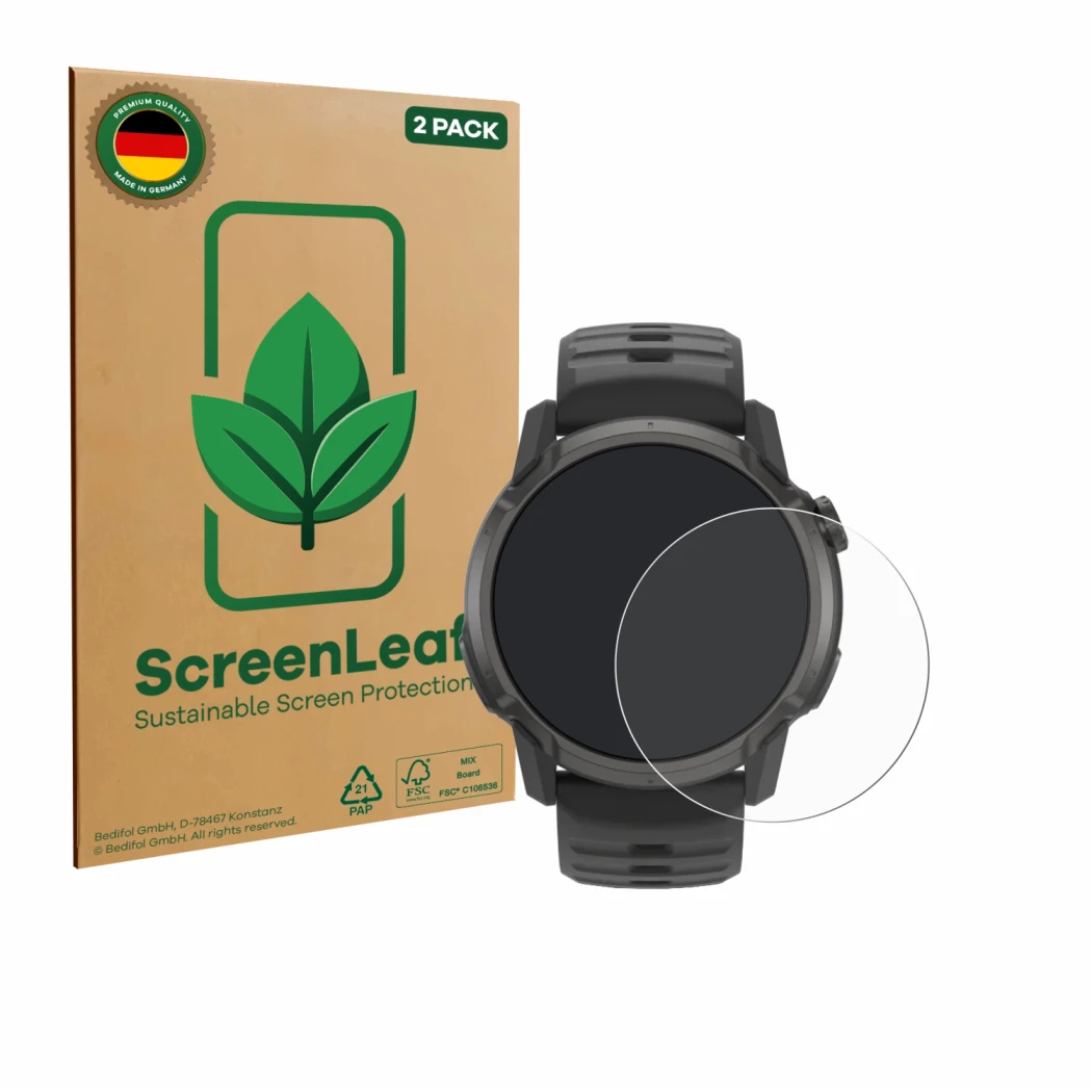 Vorderseite einer Produktverpackung mit dem Markenlogo ScreenLeaf. Daneben ist das Gerät Coros Apex 4 (42 mm) mit dem zugehöri