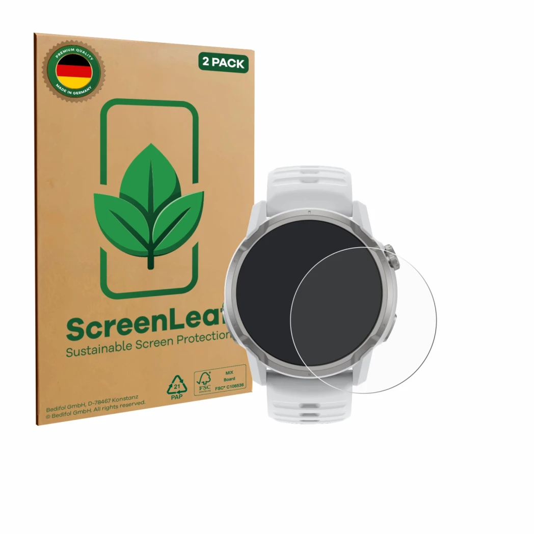Vorderseite einer Produktverpackung mit dem Markenlogo ScreenLeaf. Daneben ist das Gerät Coros Apex 4 (46 mm) mit dem zugehöri