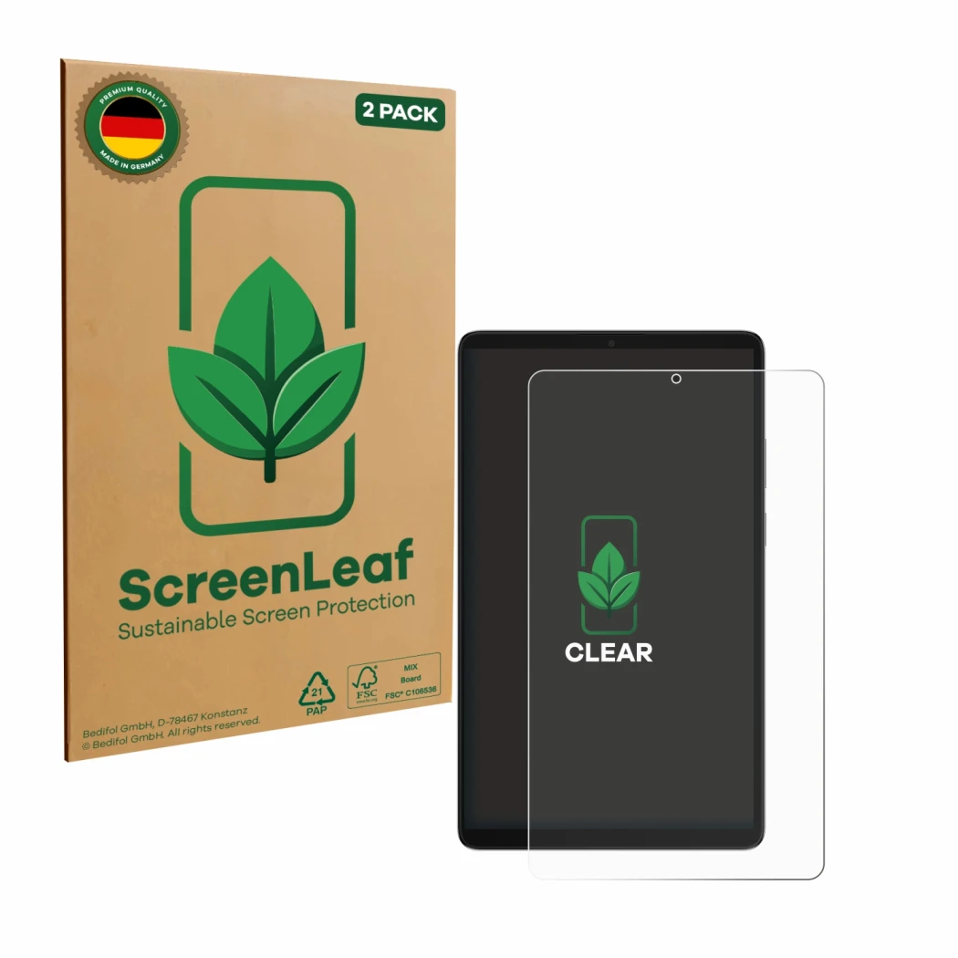 Vorderseite einer Produktverpackung mit dem Markenlogo ScreenLeaf. Daneben ist das Gerät Samsung Galaxy Tab A11 8.7