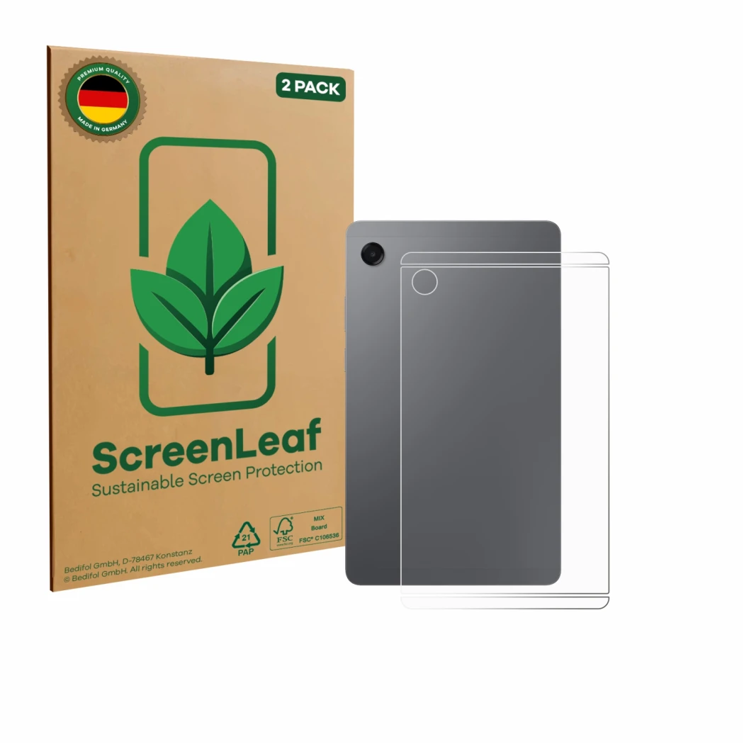Vorderseite einer Produktverpackung mit dem Markenlogo ScreenLeaf. Daneben ist das Gerät Samsung Galaxy Tab A11 8.7