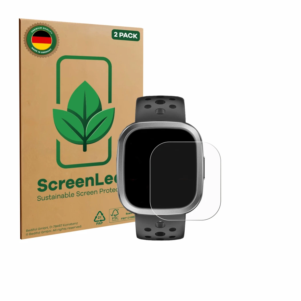 Vorderseite einer Produktverpackung mit dem Markenlogo ScreenLeaf. Daneben ist das Gerät YYKY Smartwatch 1.72