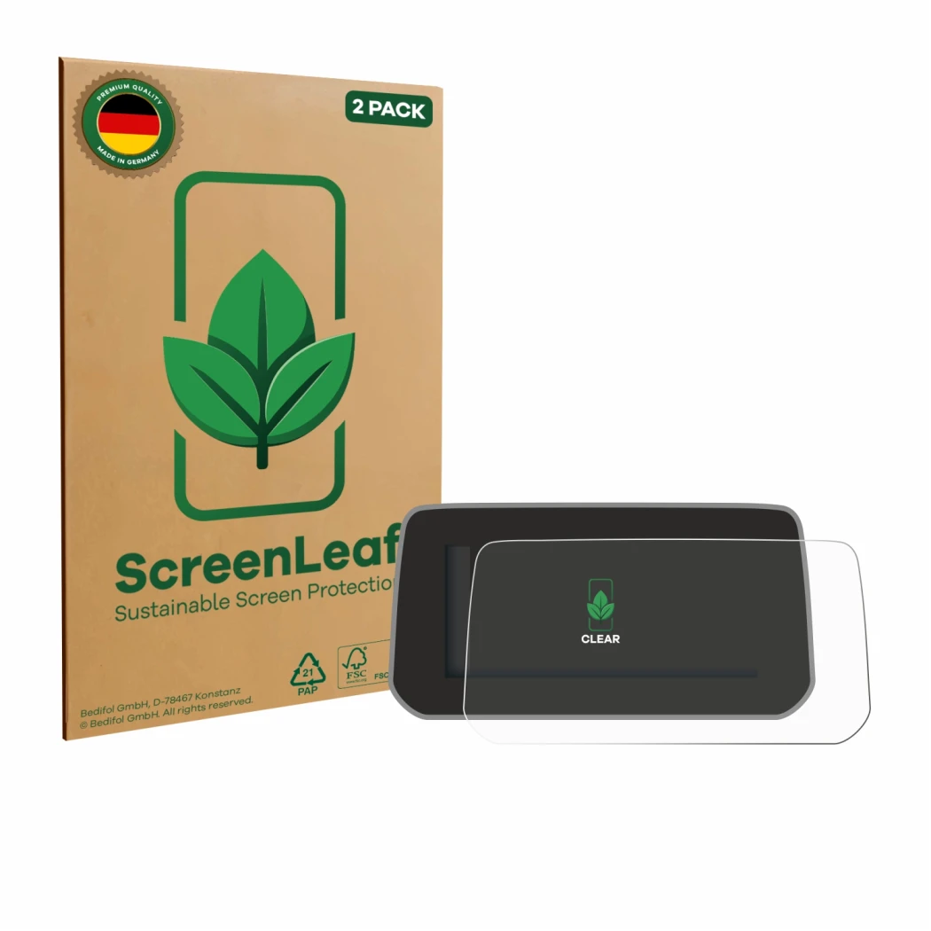 Vorderseite einer Produktverpackung mit dem Markenlogo ScreenLeaf. Daneben ist das Gerät Mazda CX-5 2020 mit dem zugehörigen D