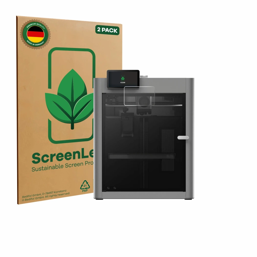 Vorderseite einer Produktverpackung mit dem Markenlogo ScreenLeaf. Daneben ist das Gerät Bambu Lab P2S 3D Printer mit dem zuge