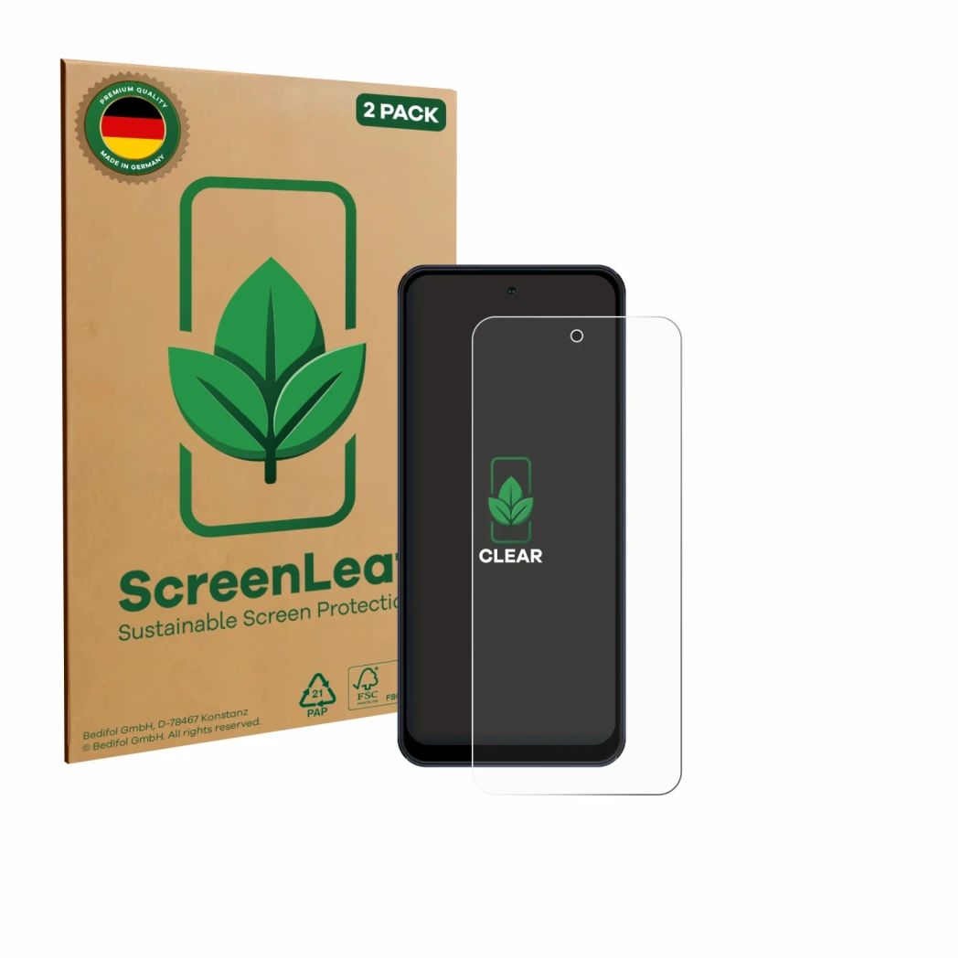 Vorderseite einer Produktverpackung mit dem Markenlogo ScreenLeaf. Daneben ist das Gerät Acer Acerone Liquid S262F5 mit dem zu
