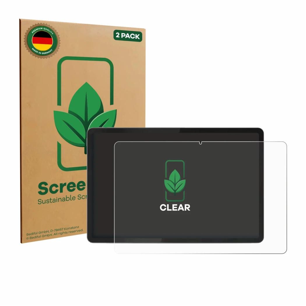 Vorderseite einer Produktverpackung mit dem Markenlogo ScreenLeaf. Daneben ist das Gerät Lenovo Tab K11 (2. Gen.) mit dem zuge
