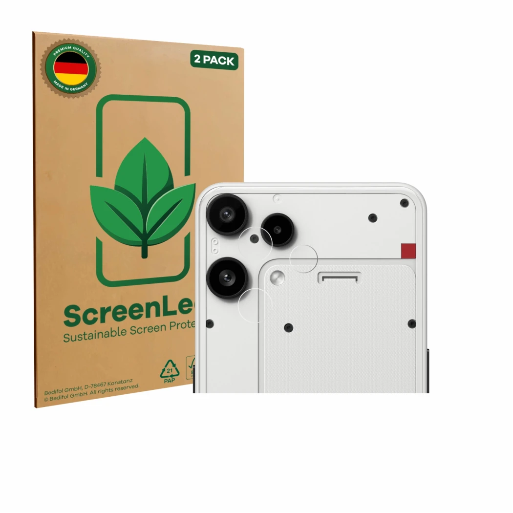 Vorderseite einer Produktverpackung mit dem Markenlogo ScreenLeaf. Daneben ist das Gerät Nothing Phone (3a) Lite (NUR Kamerasc