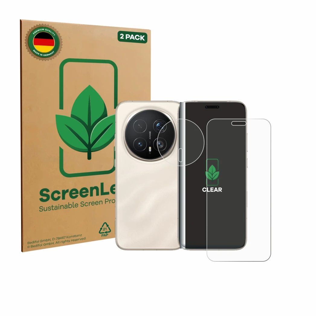 Vorderseite einer Produktverpackung mit dem Markenlogo ScreenLeaf. Daneben ist das Gerät Honor Magic 8 Pro (Display+Kamera) mi
