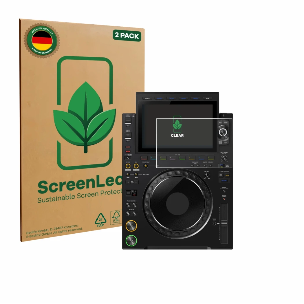 Vorderseite einer Produktverpackung mit dem Markenlogo ScreenLeaf. Daneben ist das Gerät Pioneer CDJ 3000X mit dem zugehörigen