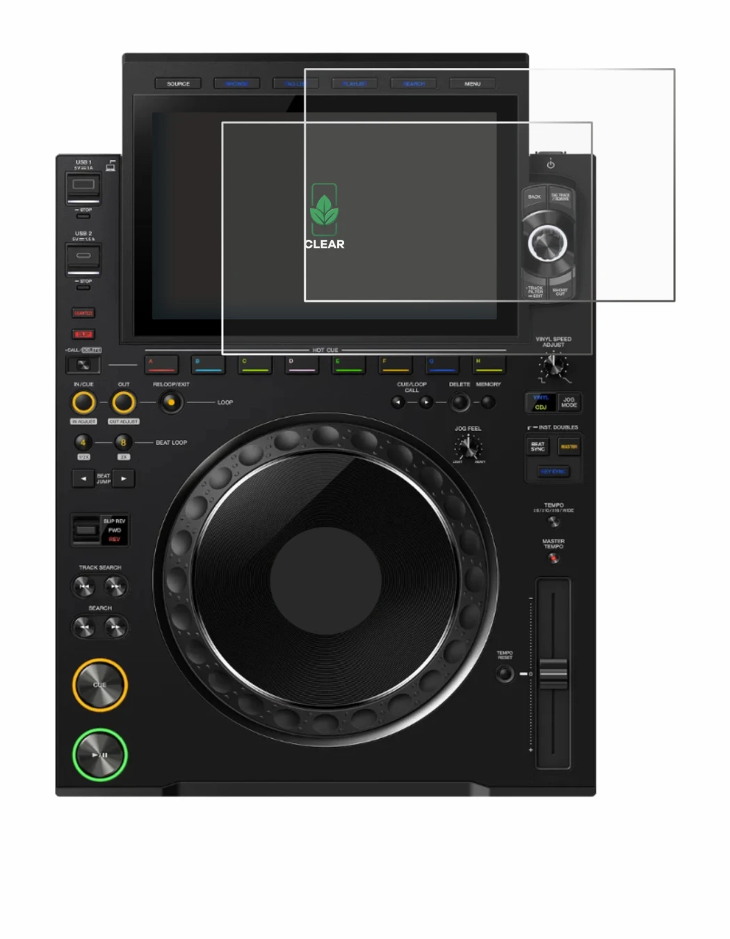 Abbildung des Geräts Pioneer CDJ 3000X mit einer Vielzahl des Displayschutzes.
