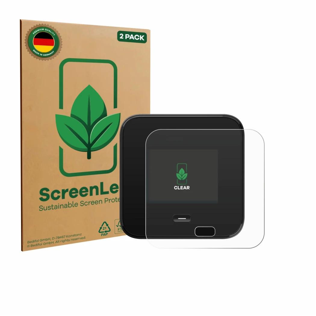 Vorderseite einer Produktverpackung mit dem Markenlogo ScreenLeaf. Daneben ist das Gerät Netgear Nighthawk M7 Pro mit dem zuge