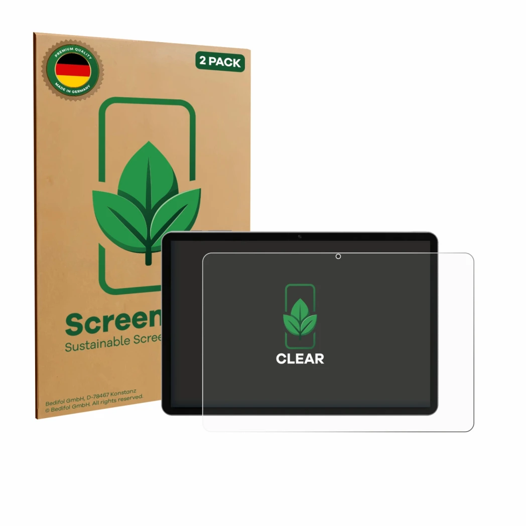 Vorderseite einer Produktverpackung mit dem Markenlogo ScreenLeaf. Daneben ist das Gerät Pritom M10 TAB 10 PLUS 10.1