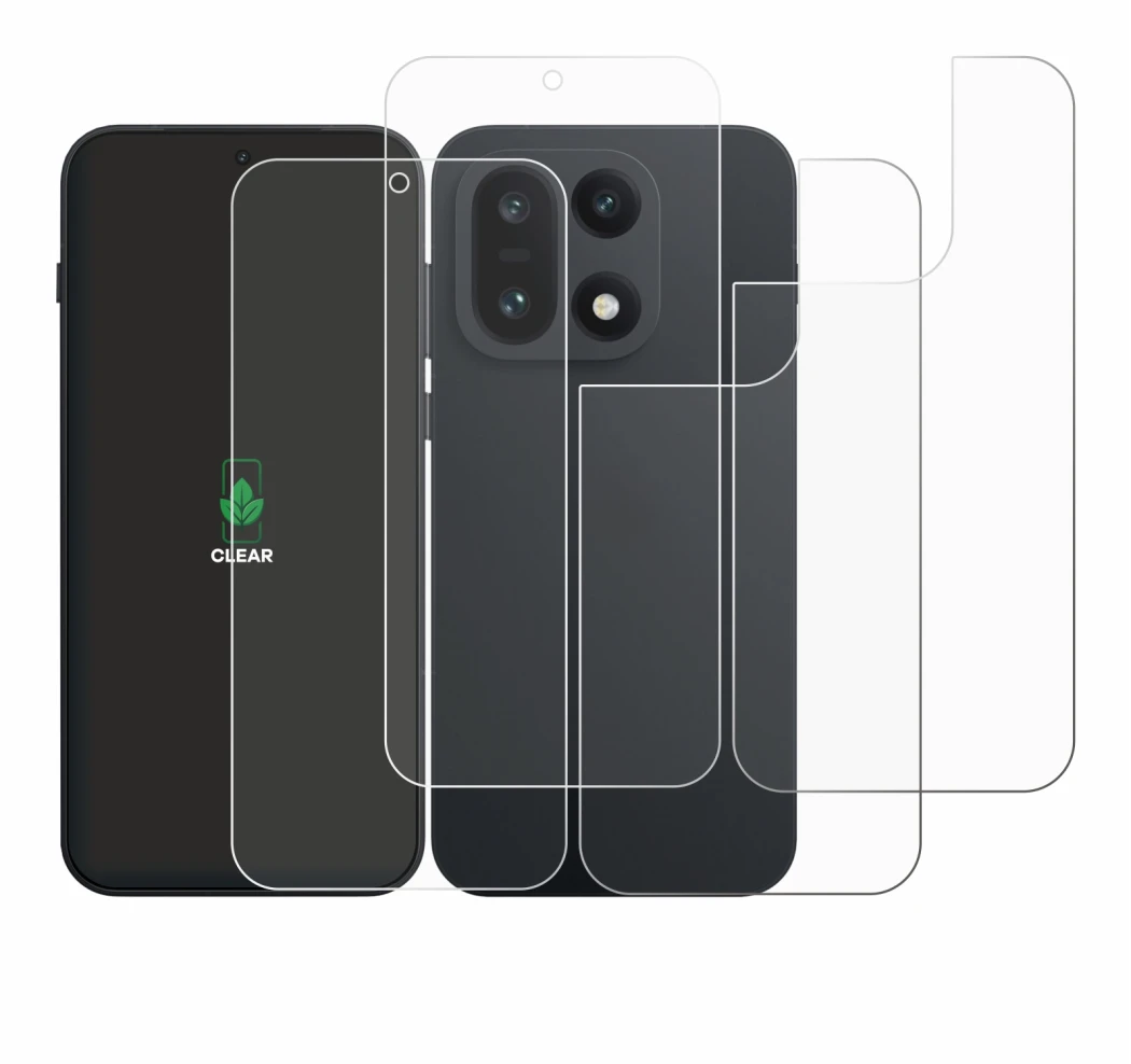 Abbildung des Geräts OnePlus 15 (Display+Rückseite) mit einer Vielzahl des Displayschutzes.