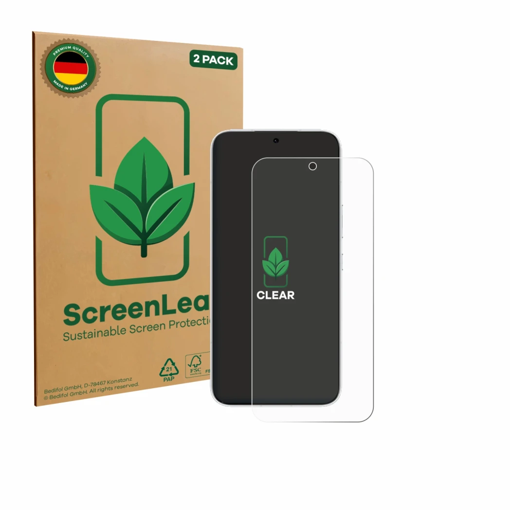Vorderseite einer Produktverpackung mit dem Markenlogo ScreenLeaf. Daneben ist das Gerät Honor 500 mit dem zugehörigen Display