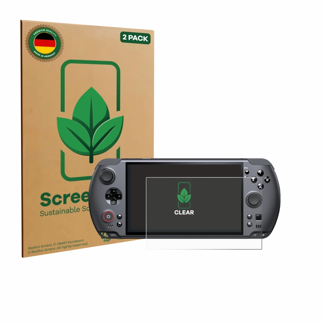 Vorderseite einer Produktverpackung mit dem Markenlogo ScreenLeaf. Daneben ist das Gerät GPD Win 5 mit dem zugehörigen Display