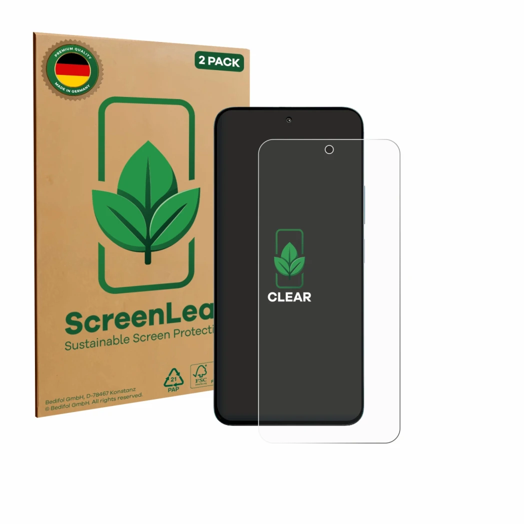 Vorderseite einer Produktverpackung mit dem Markenlogo ScreenLeaf. Daneben ist das Gerät Xiaomi Poco M7 Plus mit dem zugehörig
