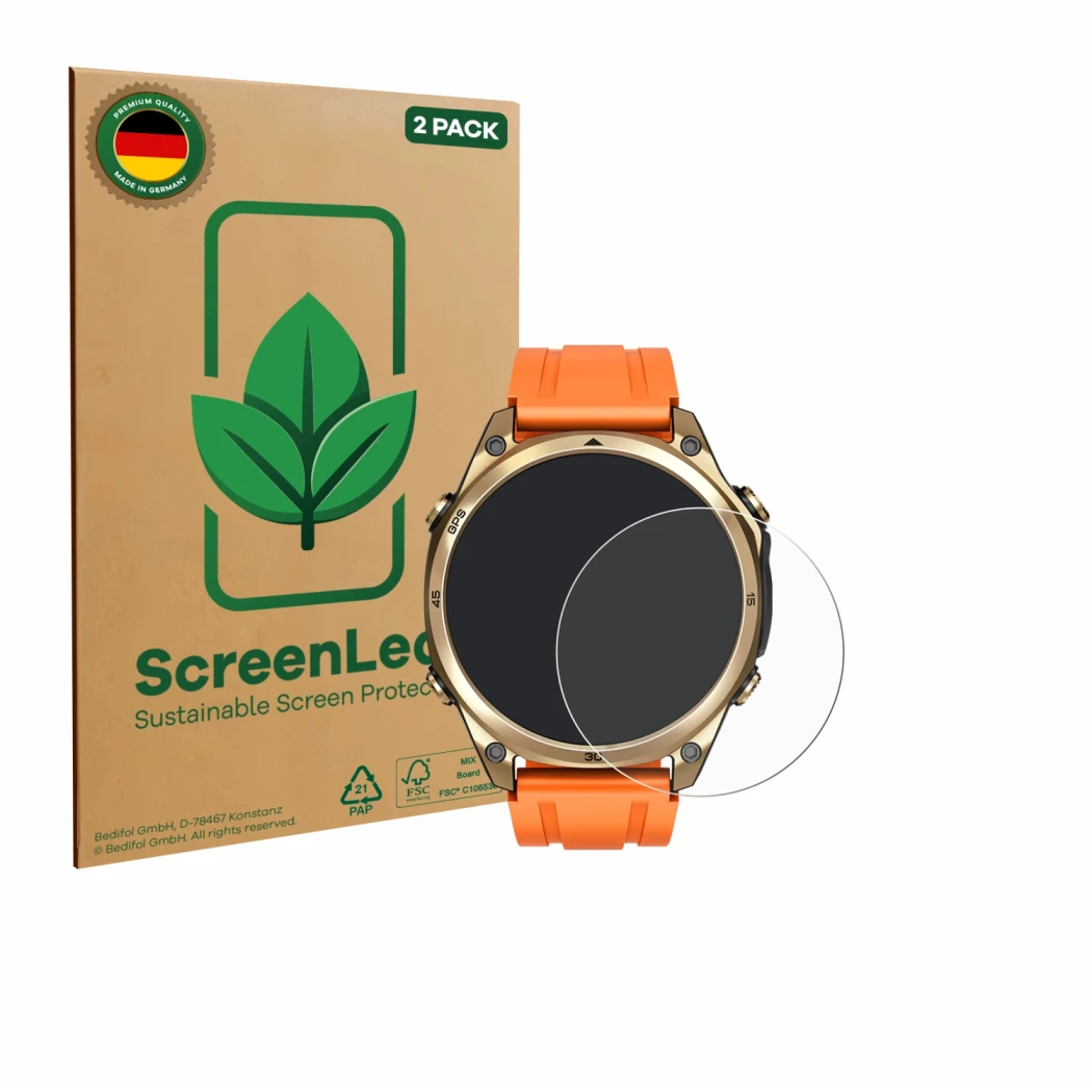 Vorderseite einer Produktverpackung mit dem Markenlogo ScreenLeaf. Daneben ist das Gerät Doogee Anywise W1 mit dem zugehörigen