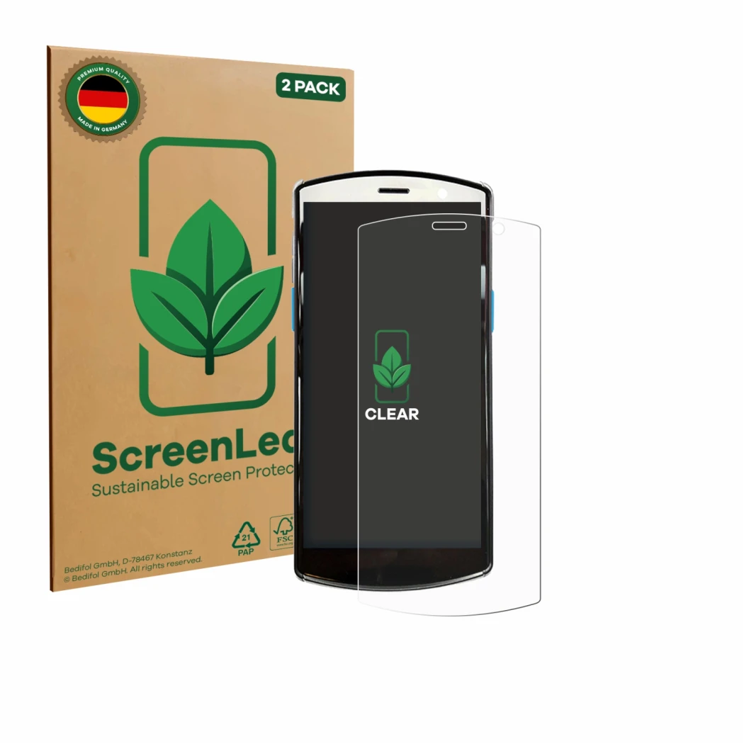 Vorderseite einer Produktverpackung mit dem Markenlogo ScreenLeaf. Daneben ist das Gerät Unitech EA510 mit dem zugehörigen Dis