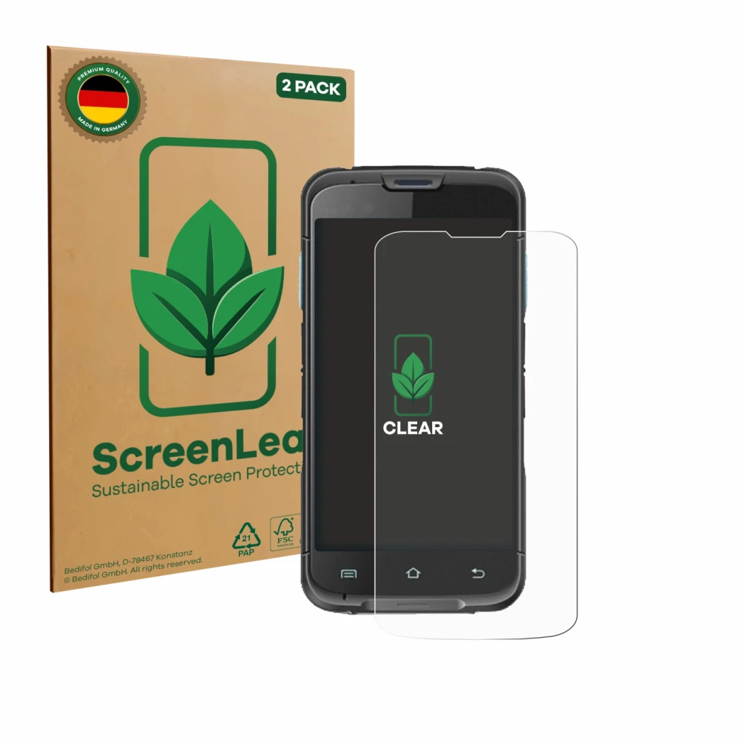 Vorderseite einer Produktverpackung mit dem Markenlogo ScreenLeaf. Daneben ist das Gerät Unitech EA602 mit dem zugehörigen Dis