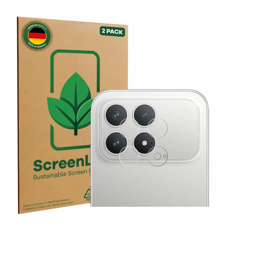 Vorderseite einer Produktverpackung mit dem Markenlogo ScreenLeaf. Daneben ist das Gerät Xiaomi Poco F8 Pro (NUR Kameraschutz)