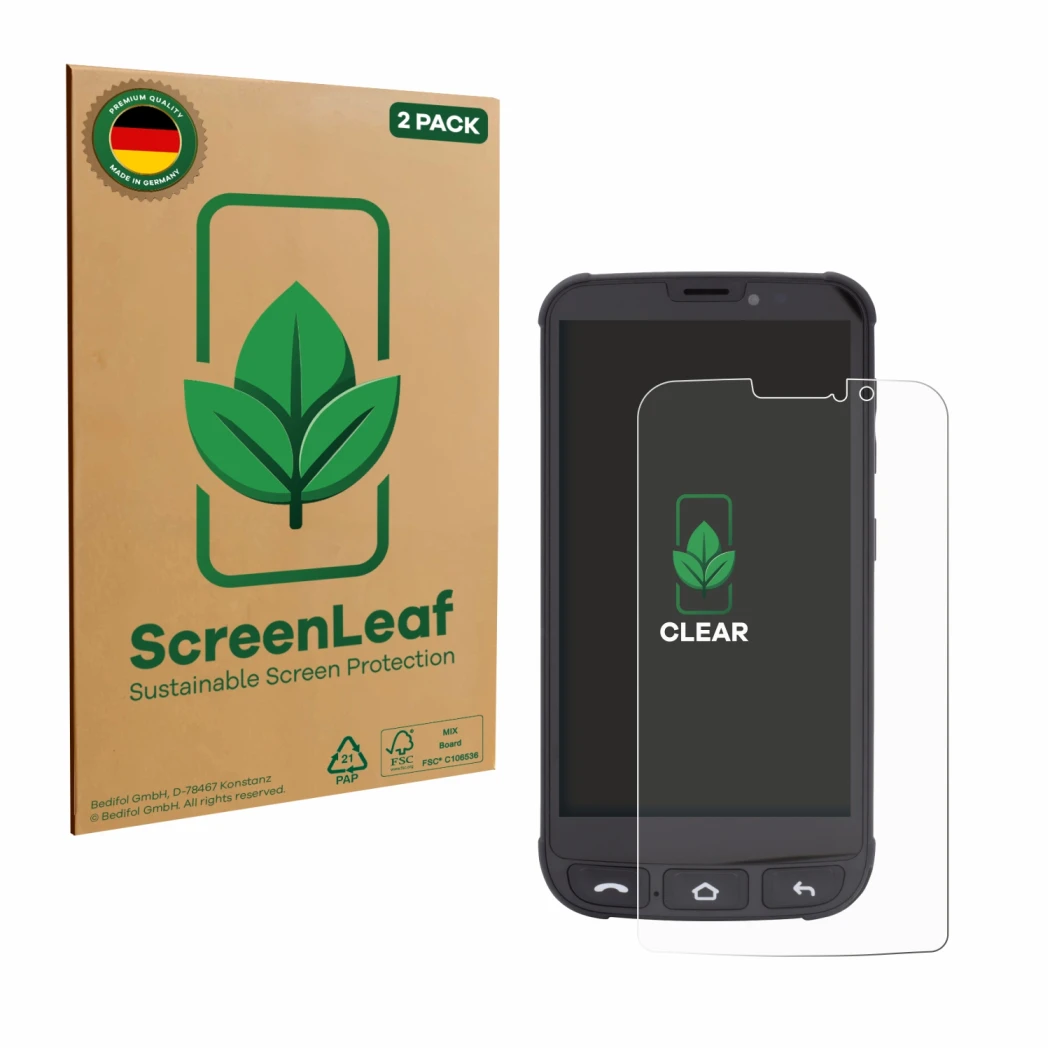 Vorderseite einer Produktverpackung mit dem Markenlogo ScreenLeaf. Daneben ist das Gerät Olympia Neo Mini mit dem zugehörigen 