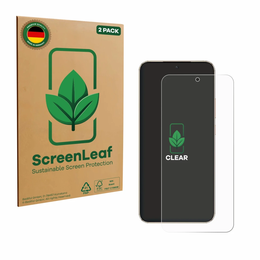 Vorderseite einer Produktverpackung mit dem Markenlogo ScreenLeaf. Daneben ist das Gerät Honor Magic 8 Lite mit dem zugehörige