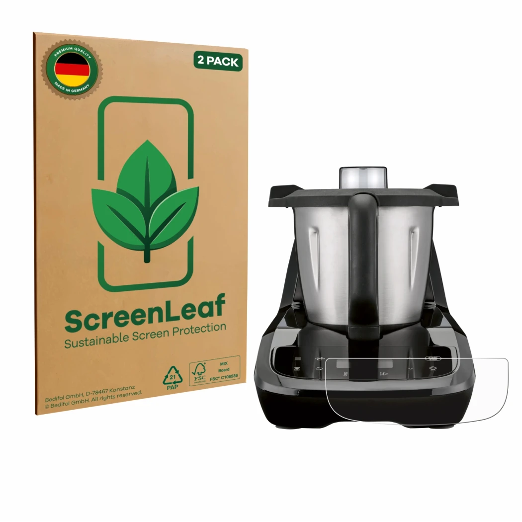 Vorderseite einer Produktverpackung mit dem Markenlogo ScreenLeaf. Daneben ist das Gerät SilverCrest Monsieur Cuisine compact 