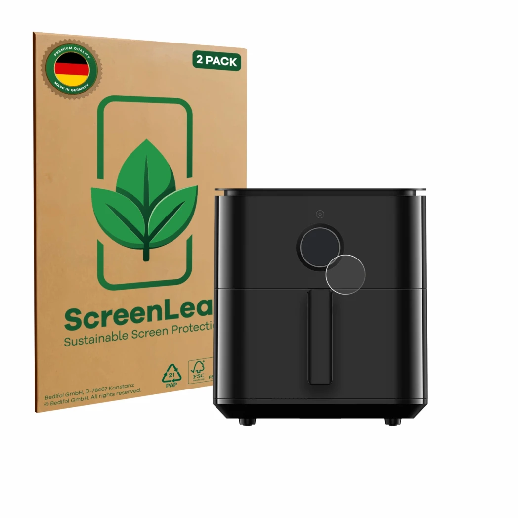 Vorderseite einer Produktverpackung mit dem Markenlogo ScreenLeaf. Daneben ist das Gerät Xiaomi Air Fryer 6.5 L mit dem zugehö