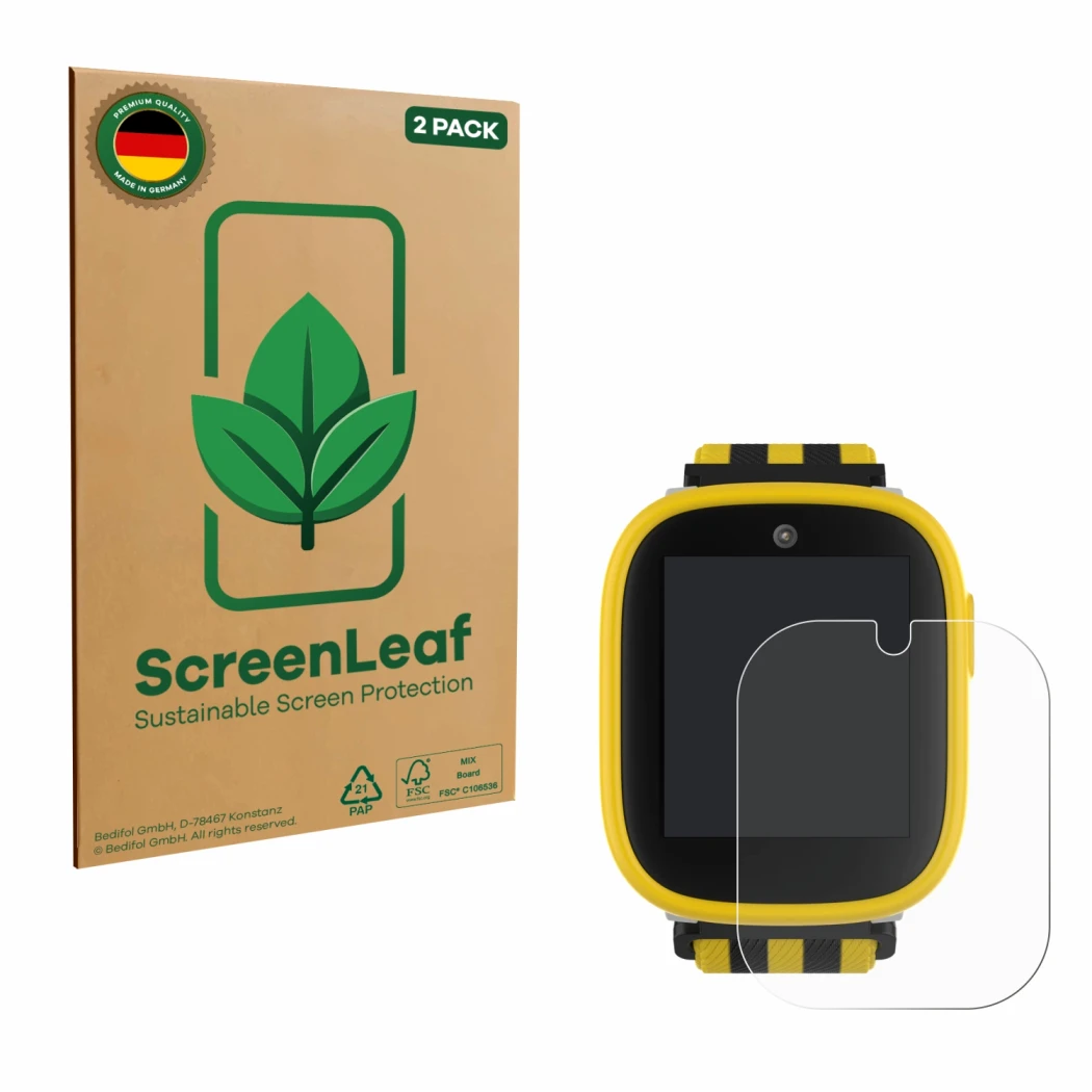 Vorderseite einer Produktverpackung mit dem Markenlogo ScreenLeaf. Daneben ist das Gerät Xplora X6 Play BVB-Edition mit dem zu