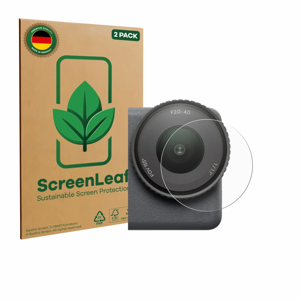 Vorderseite einer Produktverpackung mit dem Markenlogo ScreenLeaf. Daneben ist das Gerät DJI Osmo Action 6 (Linse) mit dem zug
