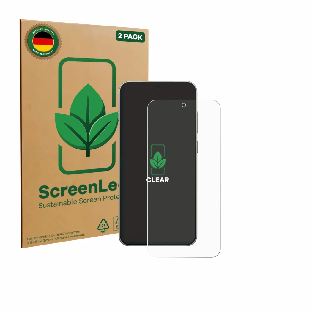 Vorderseite einer Produktverpackung mit dem Markenlogo ScreenLeaf. Daneben ist das Gerät OnePlus 13T mit dem zugehörigen Displ