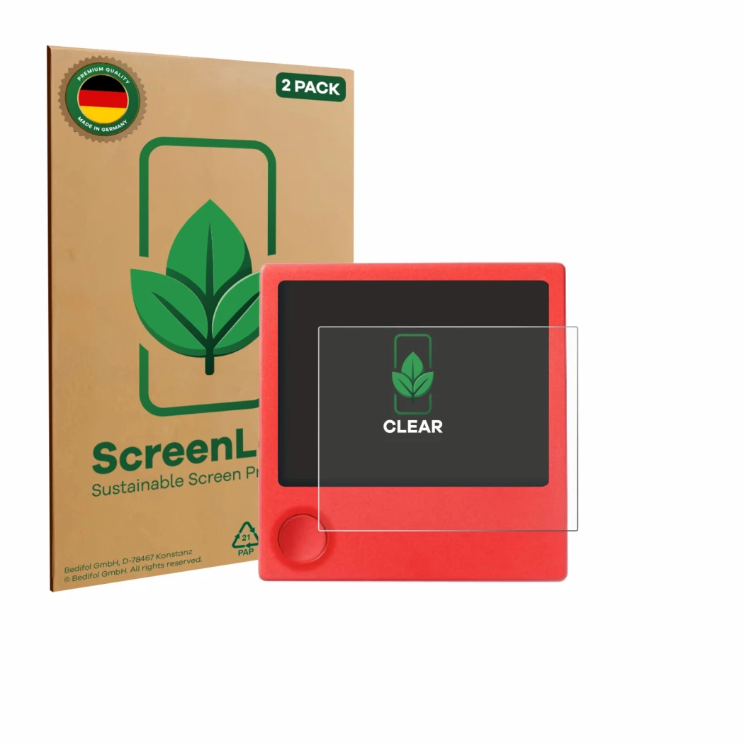 Vorderseite einer Produktverpackung mit dem Markenlogo ScreenLeaf. Daneben ist das Gerät PicPak E-Ink Display mit dem zugehöri